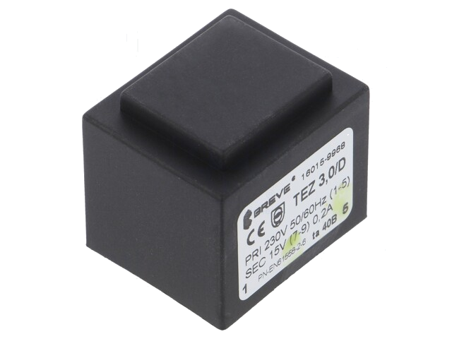 Transformator: ingegoten; 3VA; 230VAC; 15V; 200mA; PCB; IP00; A: 28mm Transformator: ingegoten; 3VA; 230VAC; 15V; 200mA; PCB; IP00; A: 28mm